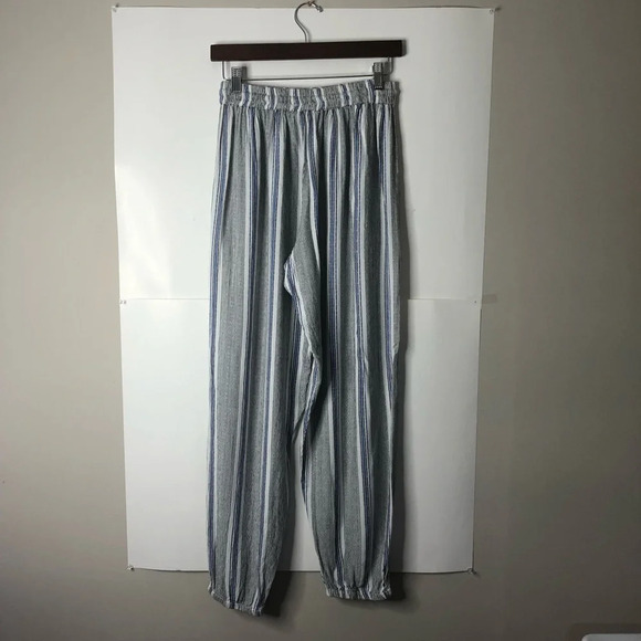 Angie Boho  Striped Pants Blue White Black S Elastic Waistband Tassels Pockets - Picture 10 of 12